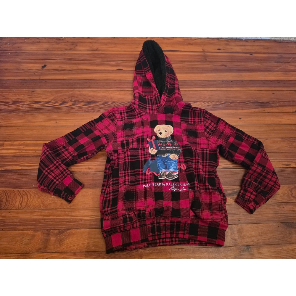 Polo Bear Ralph Lauren Kids Red Black Plaid PoloHoodie M 10-12 Fleece